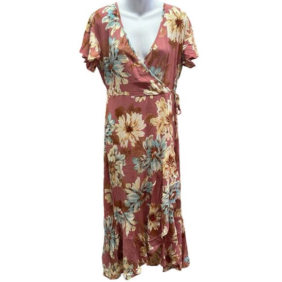 Band Of The Free Dress Womens Medium Liza Mauve Floral Wrap Surplice Maxi Boho - Picture 4 of 14